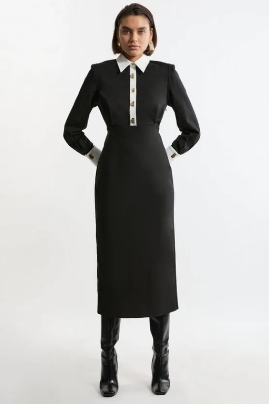 Karen Millen Techno Cotton Woven Maxi Shirt Dress With Gold Clasps mono Sale