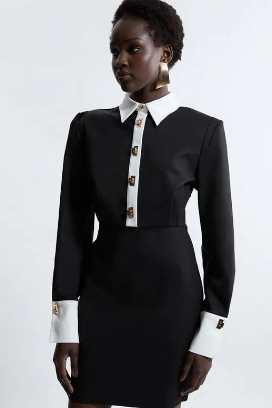 Karen Millen Techno Cotton Woven Mini Shirt Dress With Gold Clasps mono New