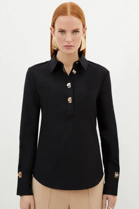 Karen Millen Techno Cotton Woven Shirt With Gold Clasp black Hot