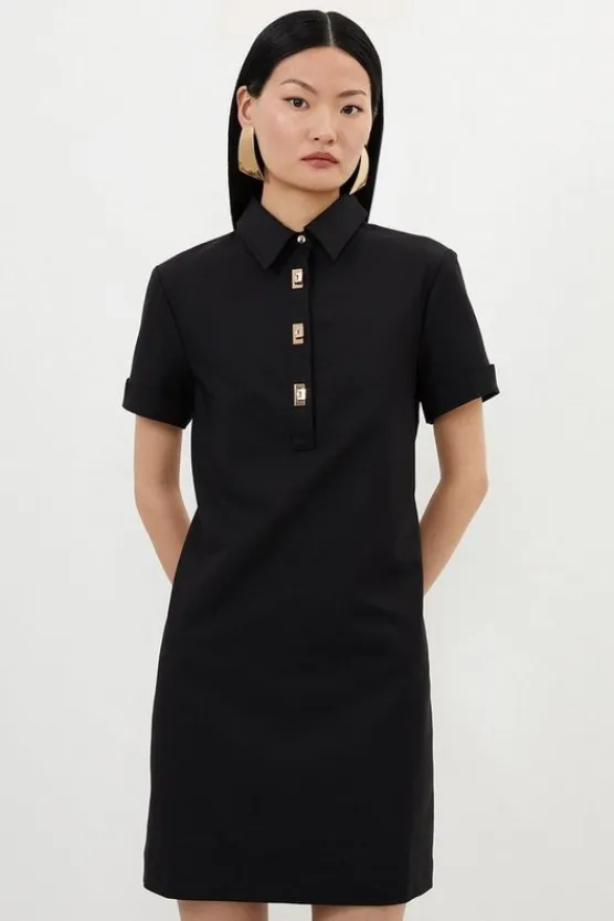 Karen Millen Techno Cotton Woven Short Shirt Dress With Gold Clasp black Discount