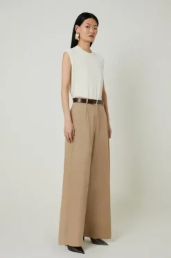 Karen Millen Tencel Cotton Pleated Wide Leg Dress Pants tan Clearance