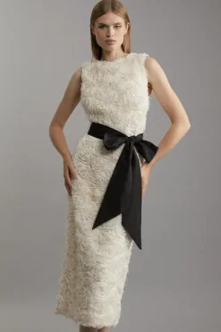 Karen Millen Textured Rosette Bow Belted Pencil Dress ivory Online