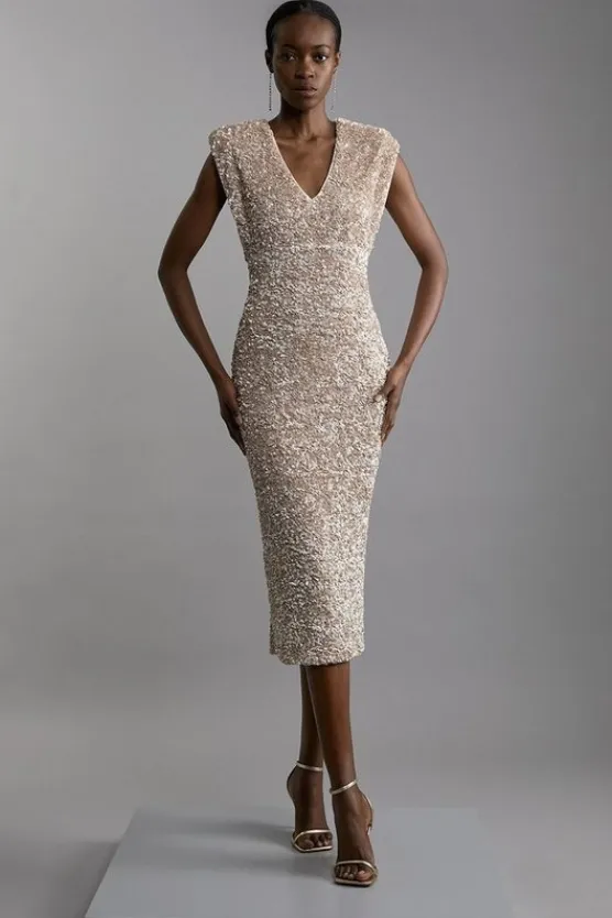 Karen Millen Textured Sequin Sleeveless Midi Dress gold New