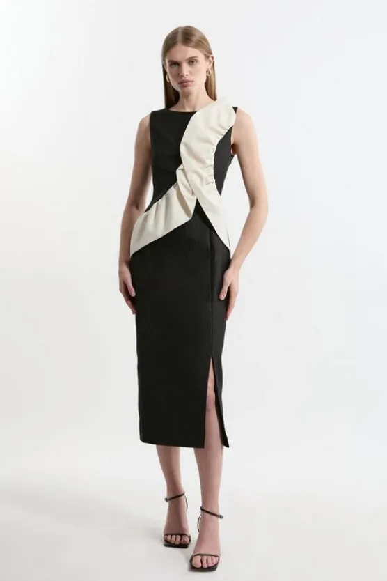 Karen Millen Textured Tailored Contrast Taffeta Ruffle Maxi Dress black Clearance