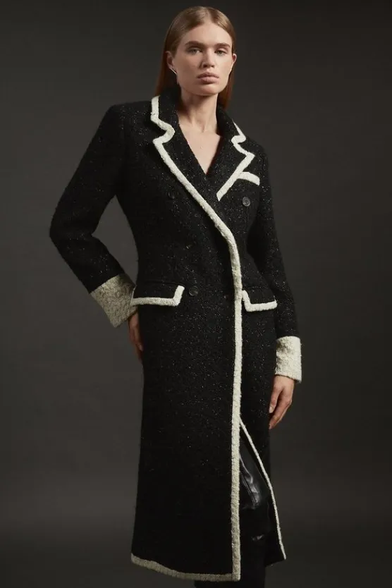 Karen Millen Texture Metallic Contrast Tipped Double Breasted Tailored Midi Coat black Best