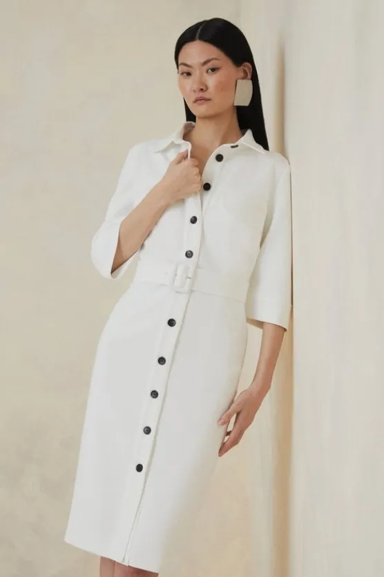 Karen Millen The Founder Compact Stretch Belted Midi Dress ivory Discount