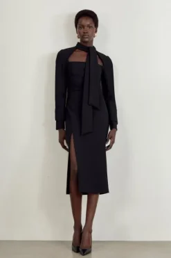 Karen Millen The Founder Compact Stretch Tailored Tie Neck Pencil Midi Dress black Discount