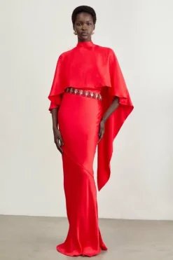 Karen Millen The Founder Crystal Embellished Satin Cape Detail Maxi Dress red Outlet