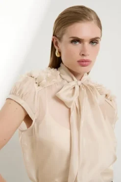 Karen Millen The Founder Organza Petal Applique Woven Tie Neck Blouse sand Fashion