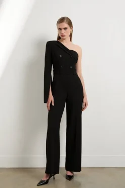 Karen Millen The Founder Petite Compact Stretch One Shoulder Tailored Jumpsuit black Discount