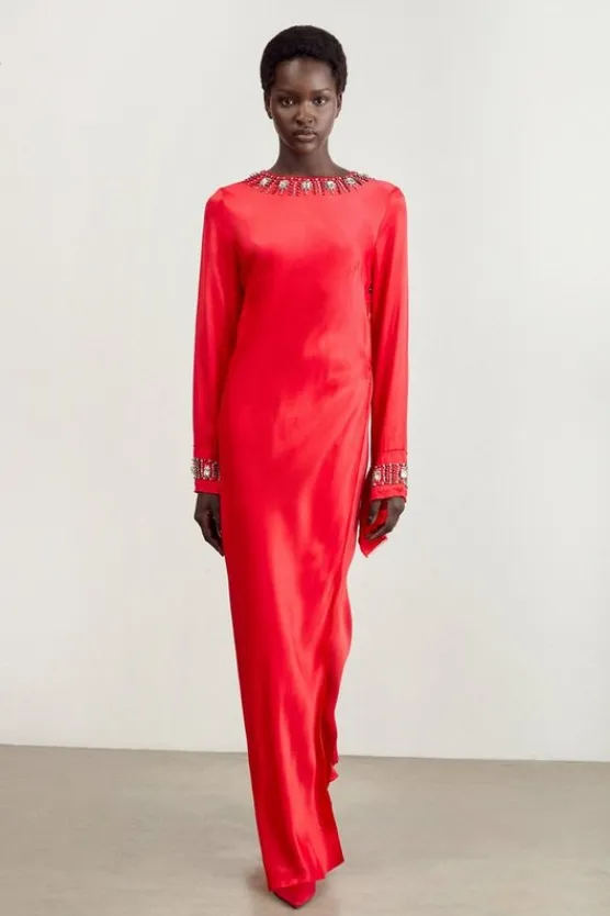 Karen Millen The Founder Petite Crystal Embellished Satin Wrap Maxi Dress red Discount