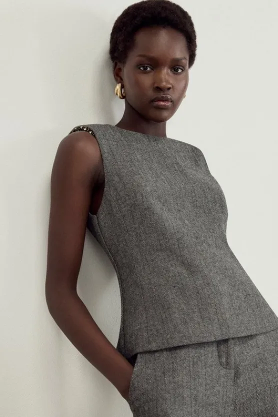 Karen Millen The Founder Petite Herringbone Tailored Embellished Top mono Best
