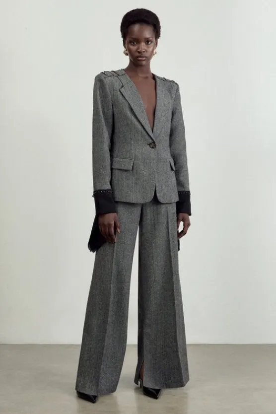 Karen Millen The Founder Petite Herringbone Tailored Wide Leg Pants mono Hot
