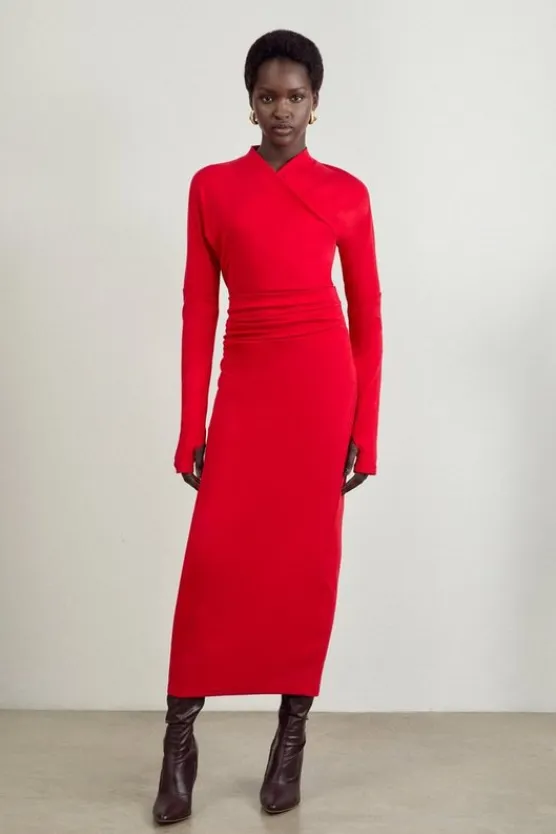 Karen Millen The Founder Petite Soft Touch Jersey Asymmetric Neck Midi Dress red Clearance