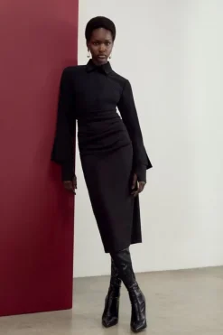 Karen Millen The Founder Petite Soft Touch Jersey Ruched Detail Collard Midi Dress black Clearance