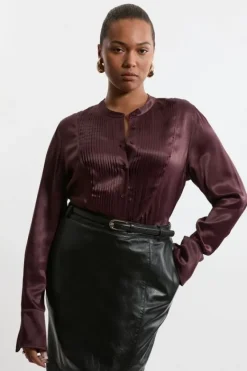 Karen Millen The Founder Plus Size Satin Pintuck Woven Blouse chocolate Clearance