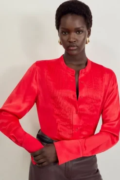 Karen Millen The Founder Satin Pintuck Woven Blouse red Sale