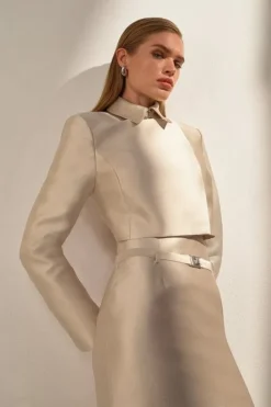 Karen Millen The Founder Satin Twill Cropped Wrap Tailored Jacket champagne Hot