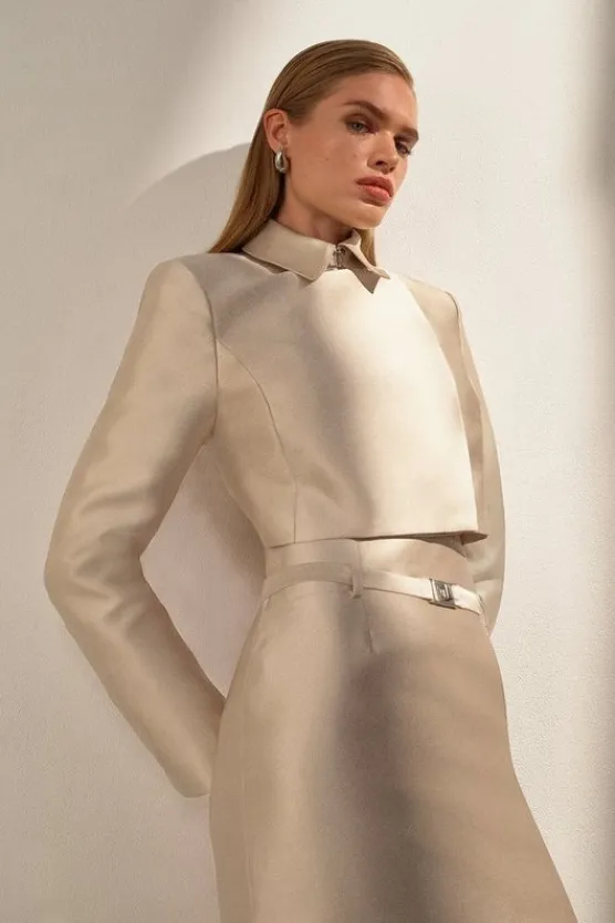 Karen Millen The Founder Satin Twill Cropped Wrap Tailored Jacket champagne Hot