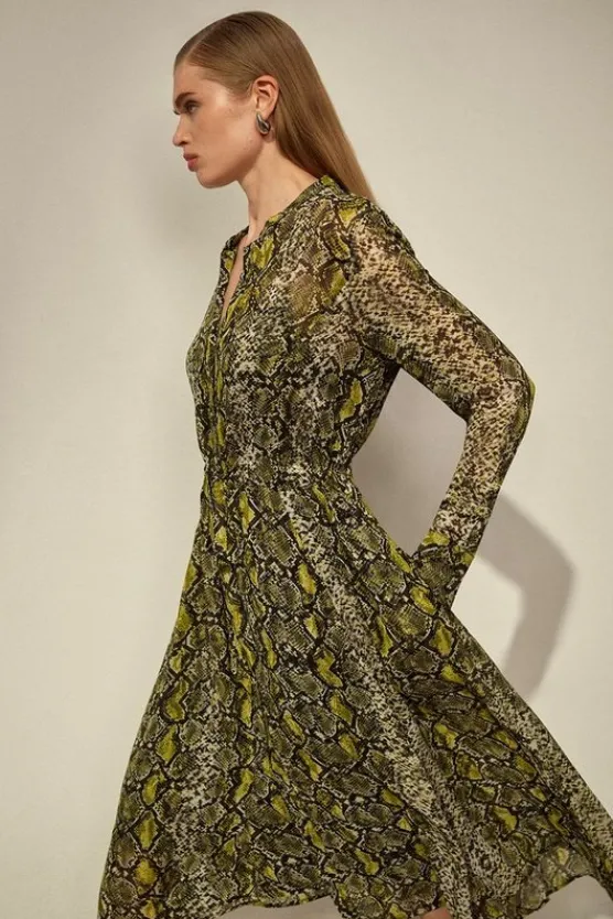 Karen Millen The Founder Print Viscose Georgette Woven Midi Dress snake Clearance