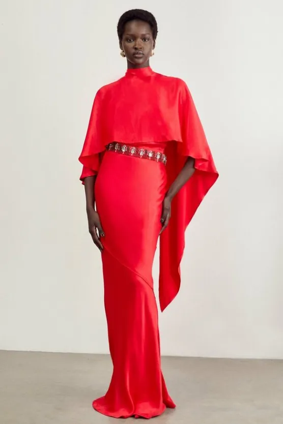Karen Millen The Founder Tall Crystal Embellished Satin Cape Detail Maxi Dress red Sale