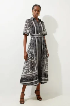 Karen Millen Tile Print Organdie Midaxi Shirt Dress mono Clearance