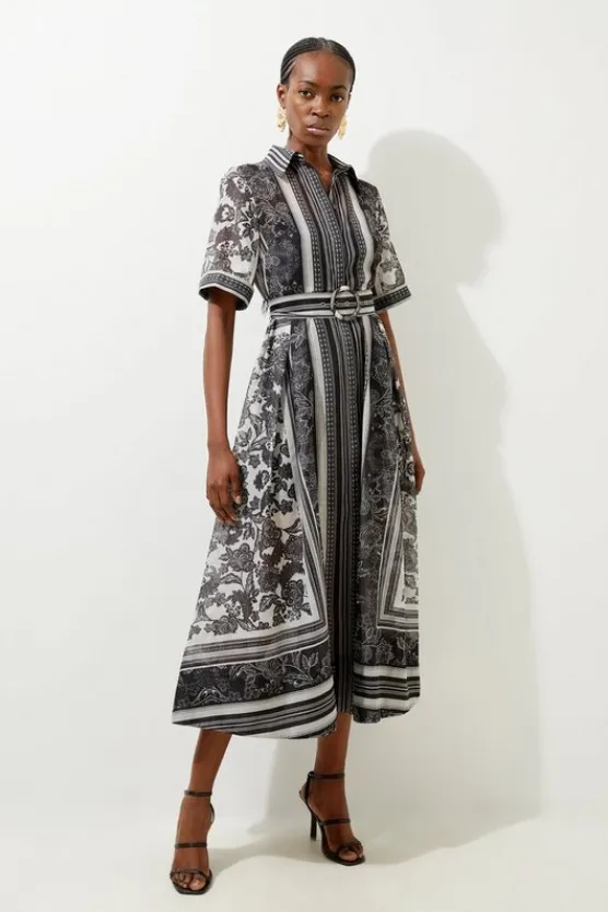 Karen Millen Tile Print Organdie Midaxi Shirt Dress mono Clearance