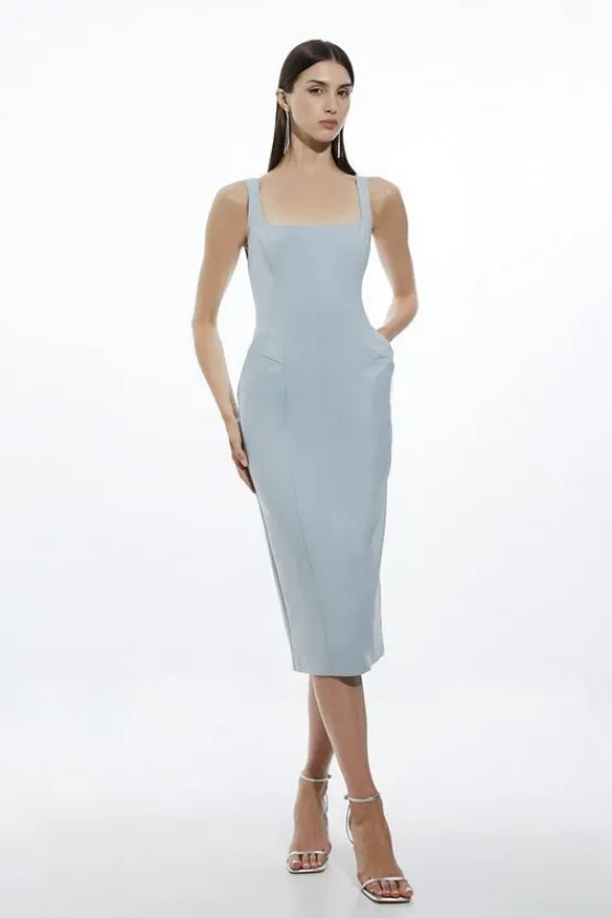 Karen Millen Topstitch Detail Techno Cotton Woven Strappy Midi Dress charcoal Sale