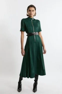 Karen Millen Top Stitch Viscose Satin Zip Front Woven Dress With PU Belt forest Clearance
