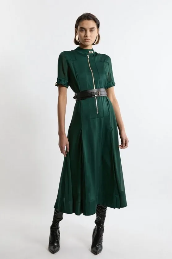 Karen Millen Top Stitch Viscose Satin Zip Front Woven Dress With PU Belt forest Clearance