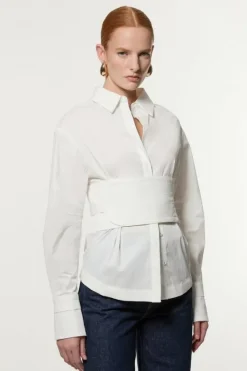 Karen Millen Topstitch Waist Tie Woven Cotton Shirt white Discount