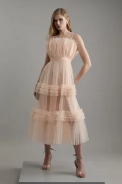 Karen Millen Tulle Bandeau Tiered Midi Dress blush Discount