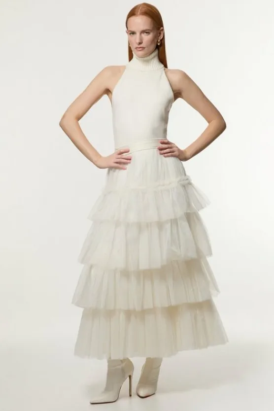Karen Millen Tulle Layered Woven Maxi Skirt ivory Sale