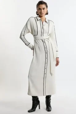 Karen Millen Twill Contrast Piping Woven Midi Dress neutral Fashion