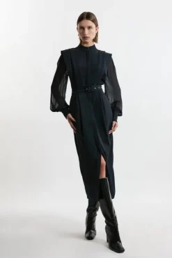Karen Millen Twill Pencil Woven Midi With Crinkle Sleeve navy Online