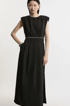 Karen Millen Twill Pintuck Strong Shoulder Woven Midi Dress black Discount