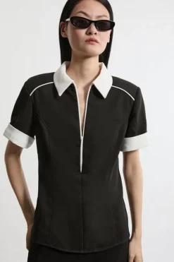 Karen Millen Twill Strong Shoulder Woven Top black Online