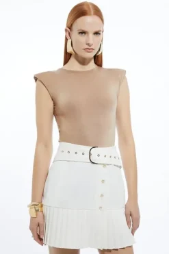 Karen Millen Twill Woven Belt Detail Pleated Mini Skirt ivory Discount