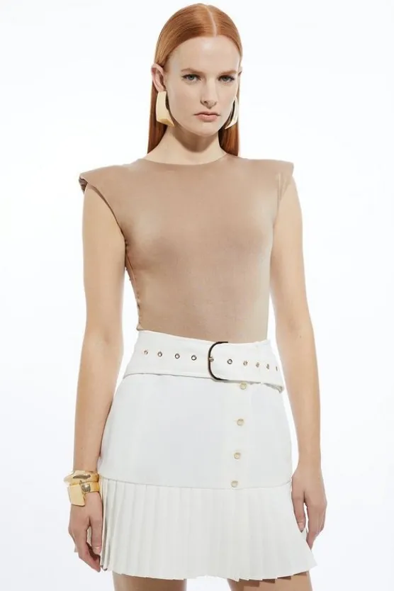 Karen Millen Twill Woven Belt Detail Pleated Mini Skirt ivory Discount