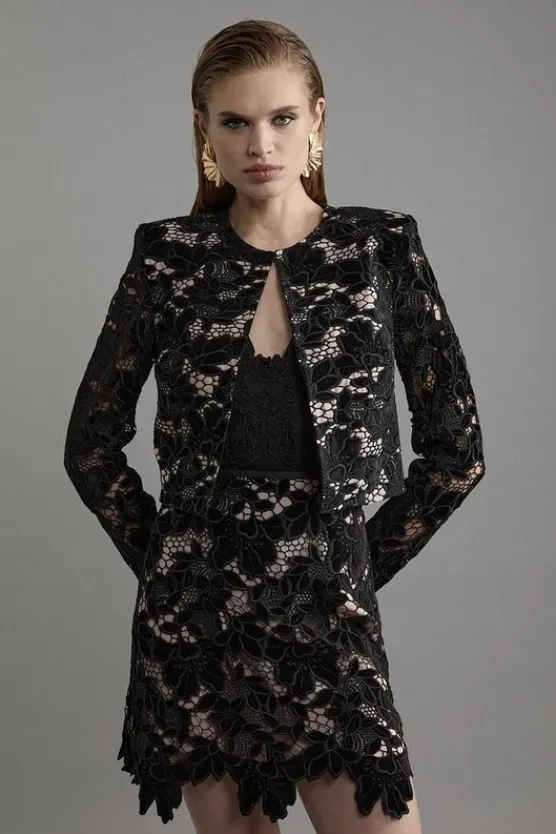Karen Millen Velvet Cutwork Lace Detail Jacket black Hot