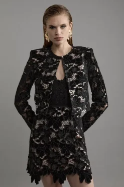 Karen Millen Velvet Cutwork Lace Detail Mini Skirt Co-Ord Set black New