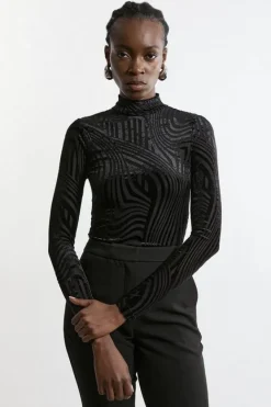 Karen Millen Velvet Devore Jersey Long Sleeve Top black Hot