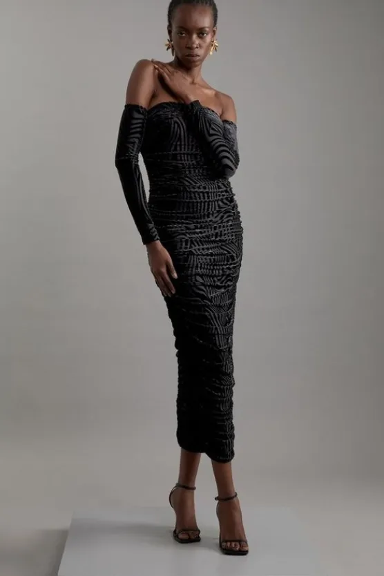 Karen Millen Velvet Devore Jersey Off The Shoulder Midi Dress black Fashion
