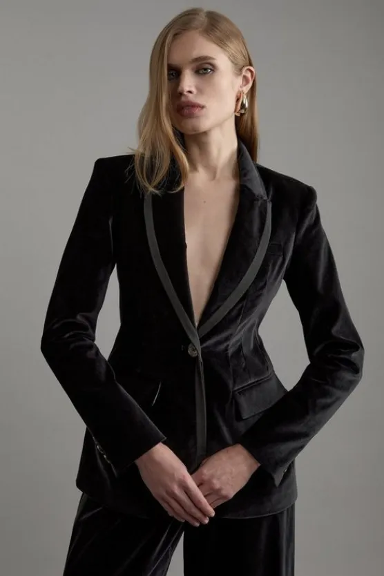 Karen Millen Velvet Groisgrain Tailored Blazer black Clearance