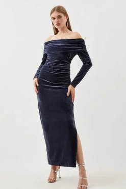 Karen Millen Velvet Jersey Off Shoulder Maxi Dress pewter Hot