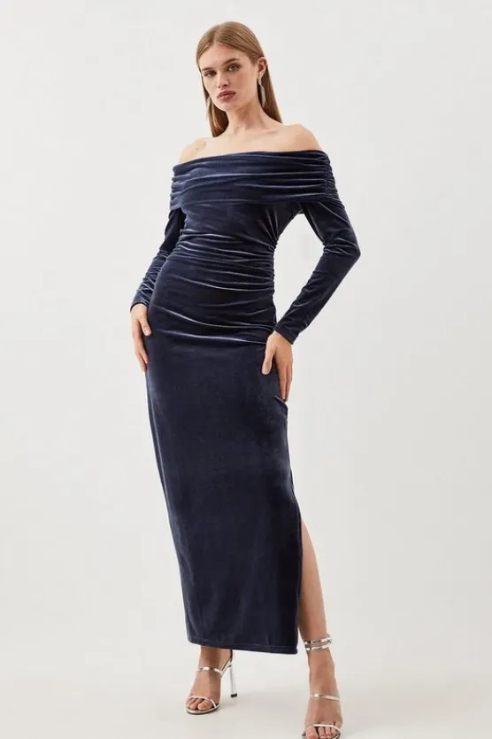 Karen Millen Velvet Jersey Off Shoulder Maxi Dress pewter Hot