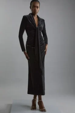Karen Millen Velvet Long Sleeve Wrap V Neck Maxi Dress black New