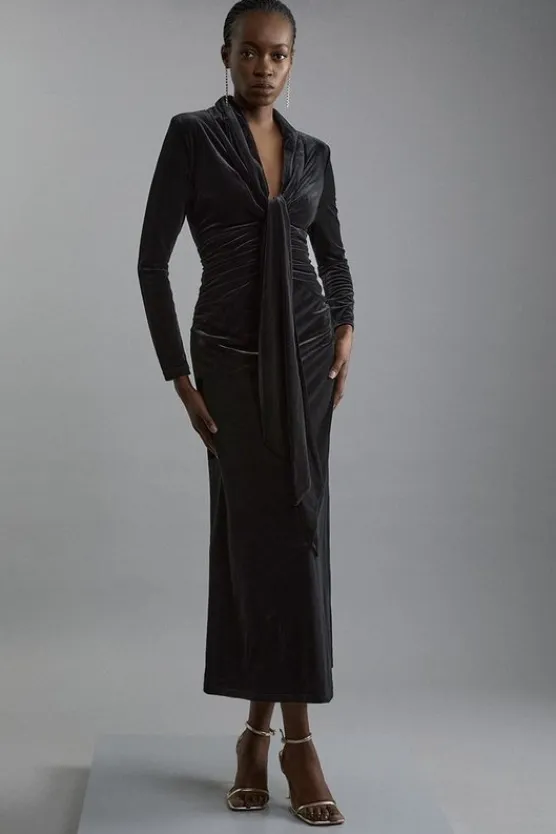 Karen Millen Velvet Long Sleeve Wrap V Neck Maxi Dress black New