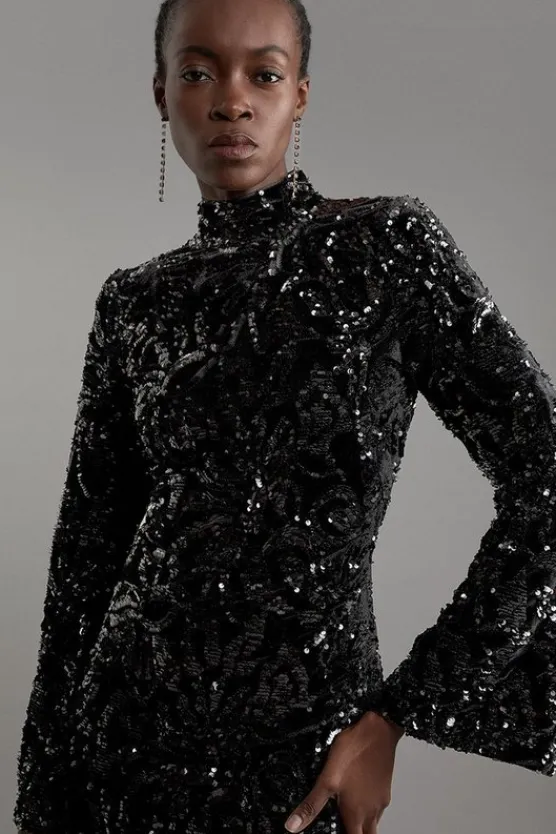 Karen Millen Velvet Sequin Flare Woven Mini Dress black Clearance