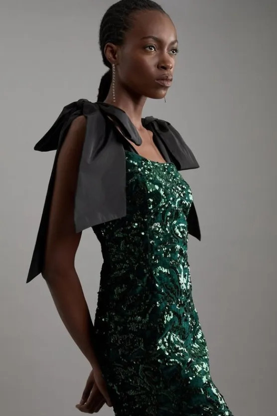 Karen Millen Velvet Sequin Woven Mini Dress With Taffeta Tie Detail green Best